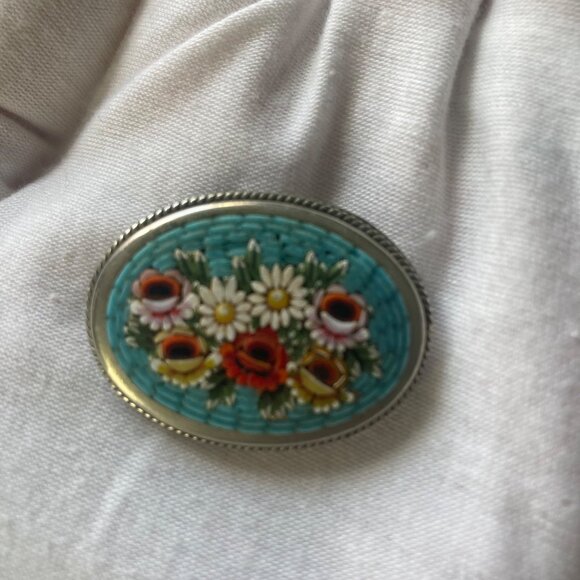 Vintage Micro Mosaic Floral Oval Brooch Pin Blue Silver Tone Setting Feminine - Picture 6 of 7